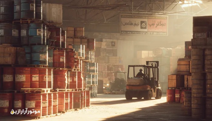 انبار بزرگ پخش عمده روغن موتور در فارس؛ چیدمان بشکه‌ها و کارگر در حال جابه‌جایی محموله با لیفتراک در محیطی صنعتی و خاکی